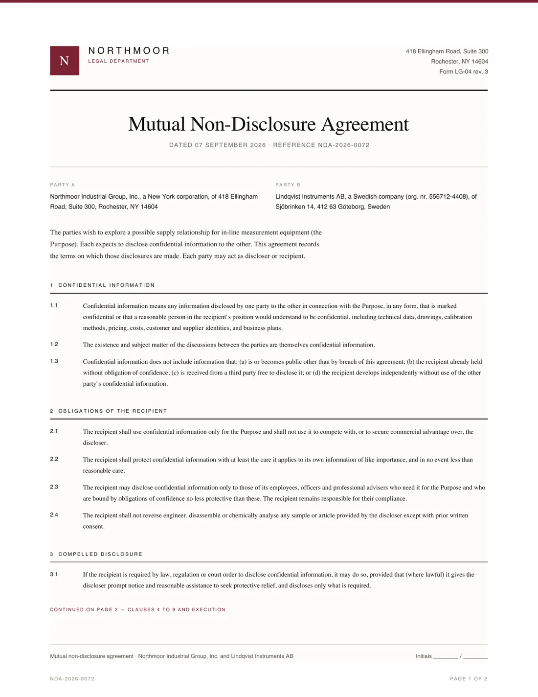 Mutual NDA, page 1