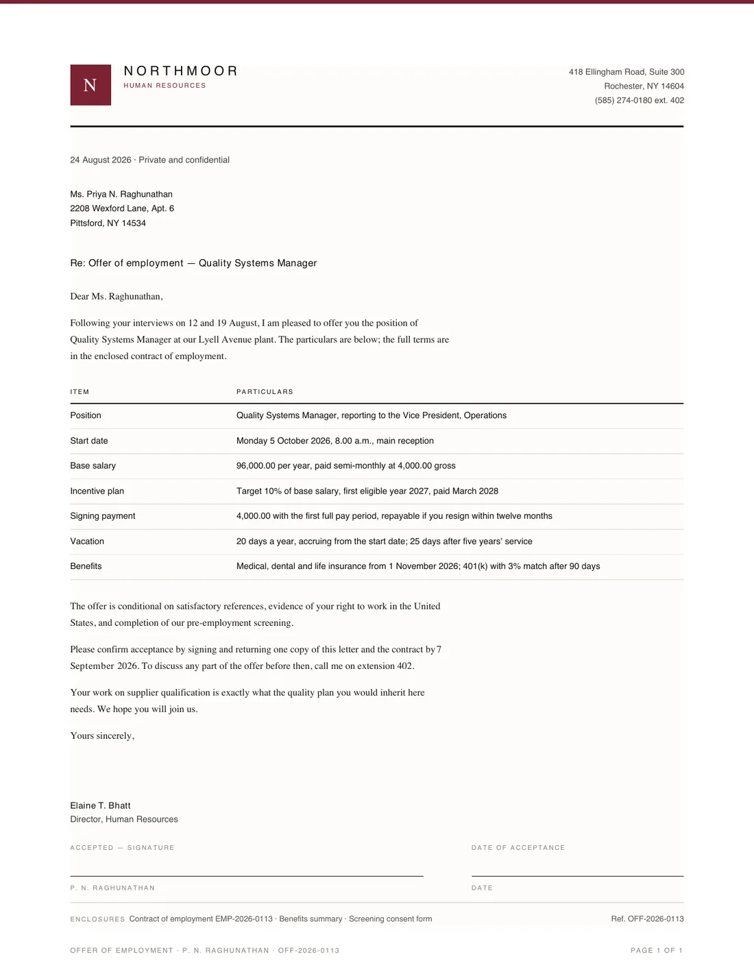 Offer Letter, page 1