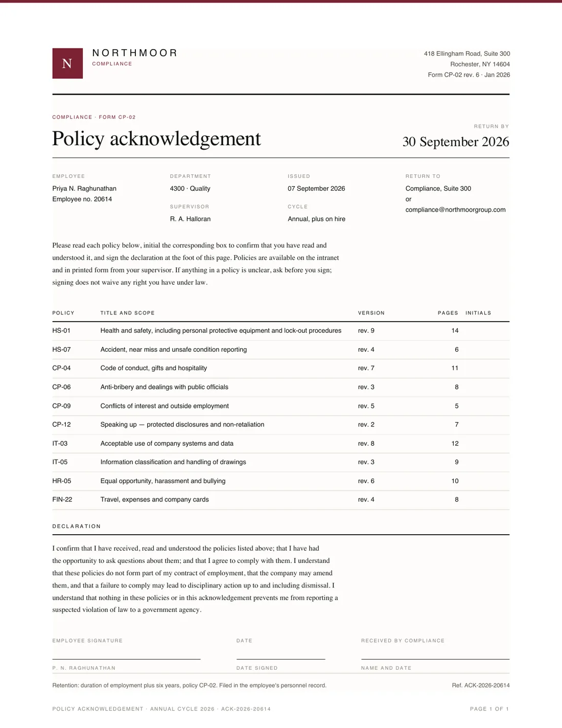 Policy Acknowledgement, page 1