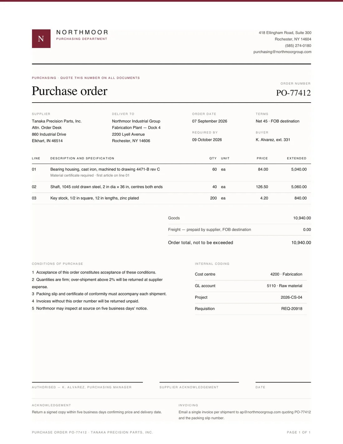 Purchase Order, page 1