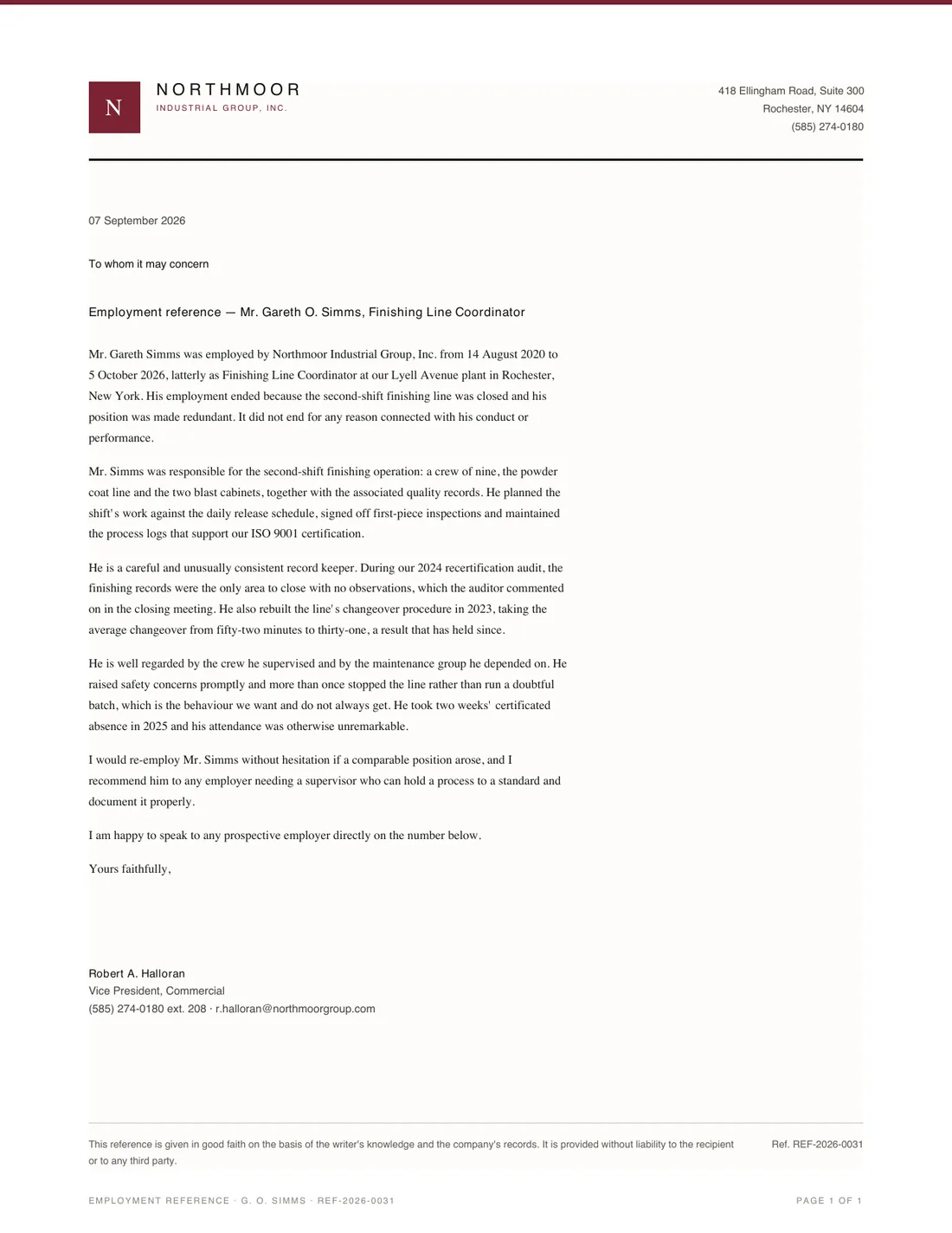 Reference Letter, page 1