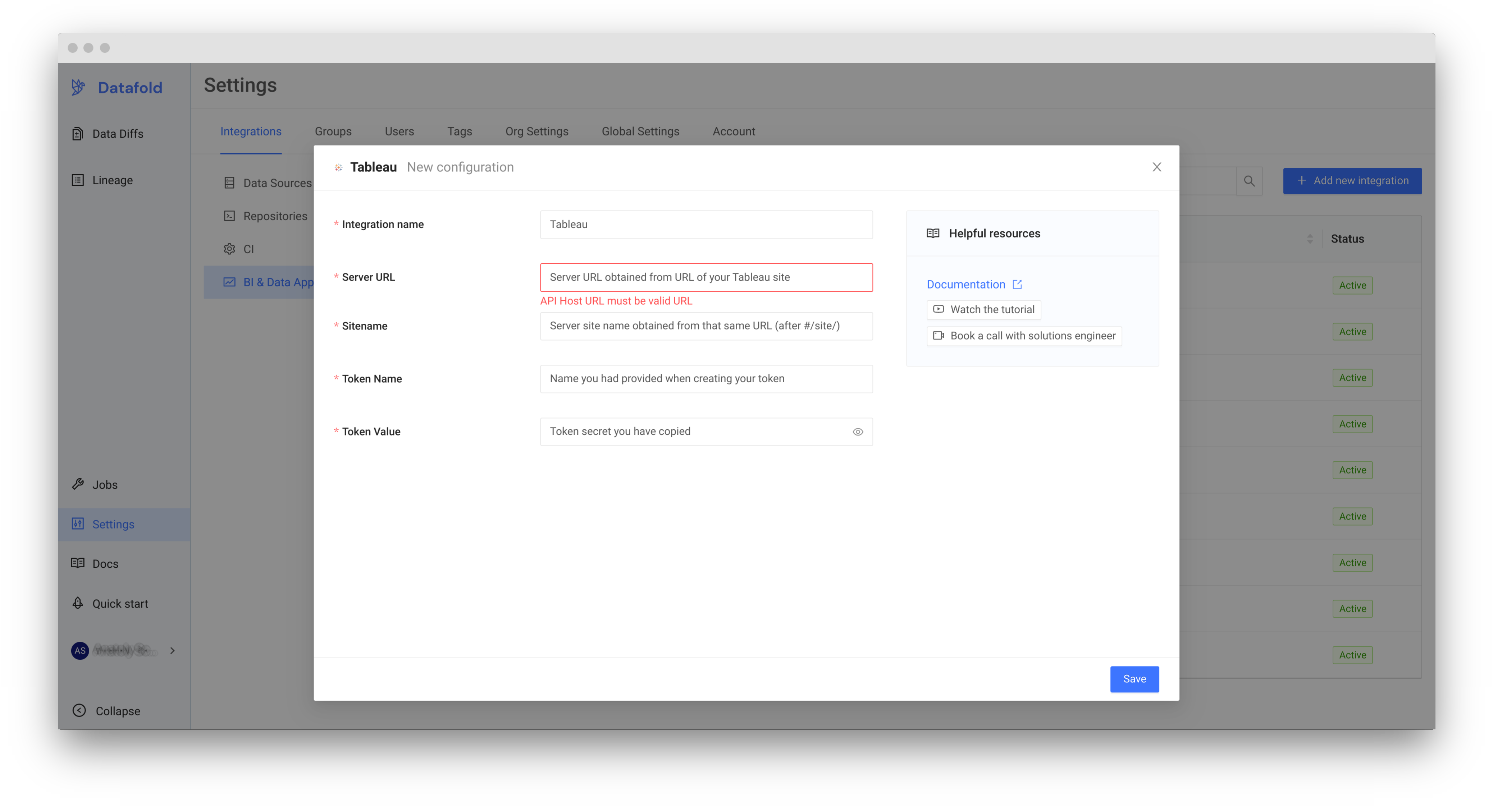 Tableau Integration Settings