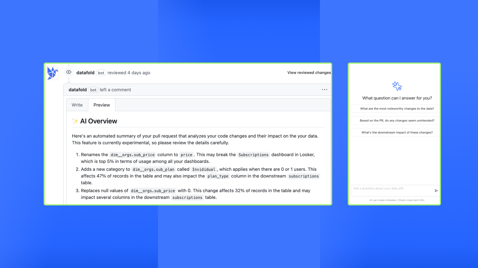 AI Code Review posting an AI Overview comment on a pull request, summarizing code changes and their impact on data.