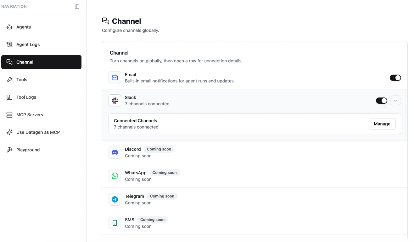 Channel configuration page