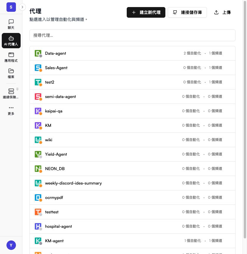 代理列表與建立新代理、連接儲存庫按鈕