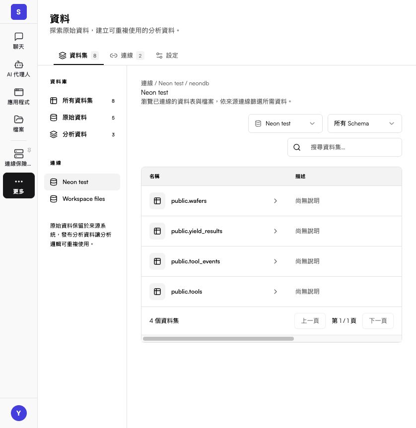 Neon test 連線的原始資料表清單