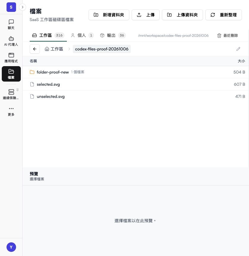 工作區檔案:示例資料夾與上傳控制項