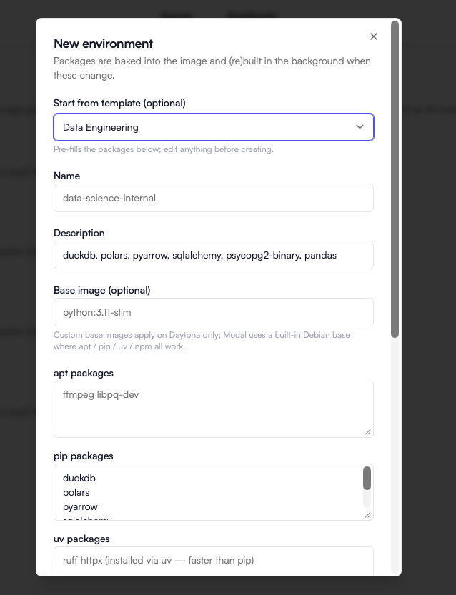 New environment dialog, starting from the Data Engineering template