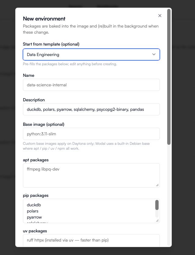 New environment dialog, starting from the Data Engineering template