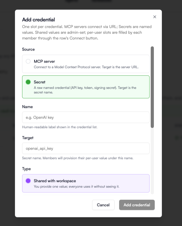 Add credential dialog -- choose Secret, then set Name, Target, and Type