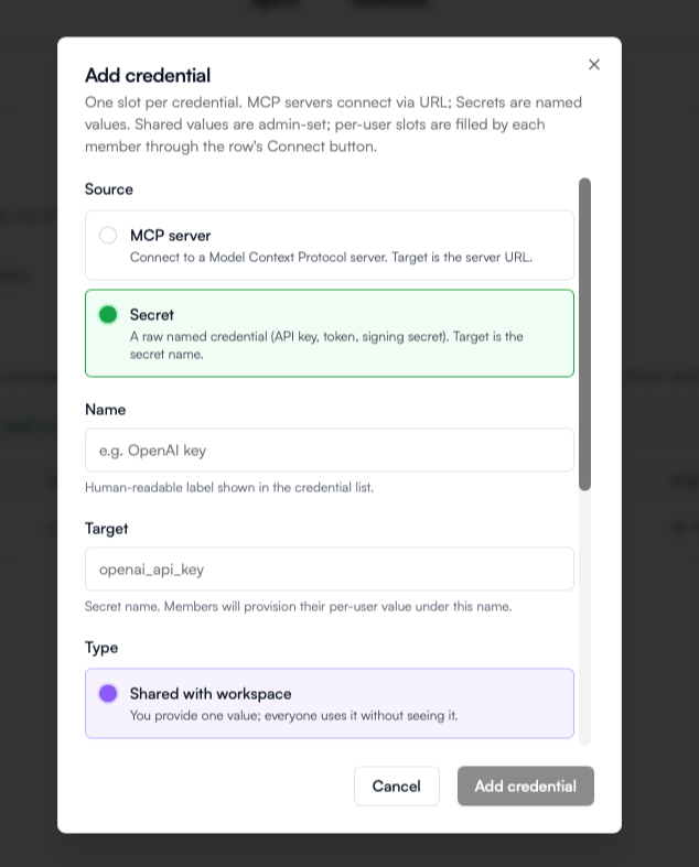 Add credential dialog -- choose Secret, then set Name, Target, and Type