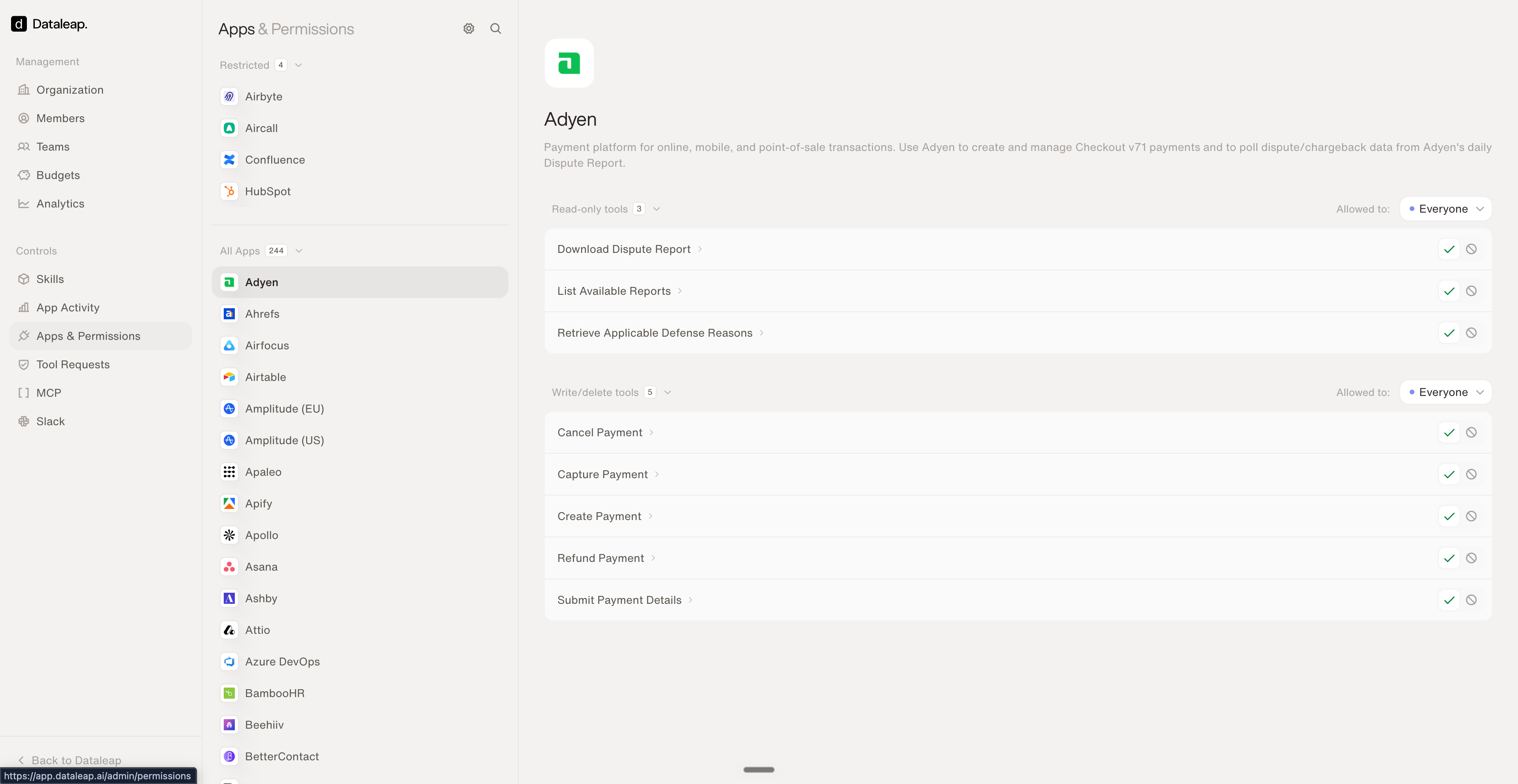 The Apps and Permissions page showing an app's read-only and write tools, each individually allowed or blocked, with a Restricted apps section