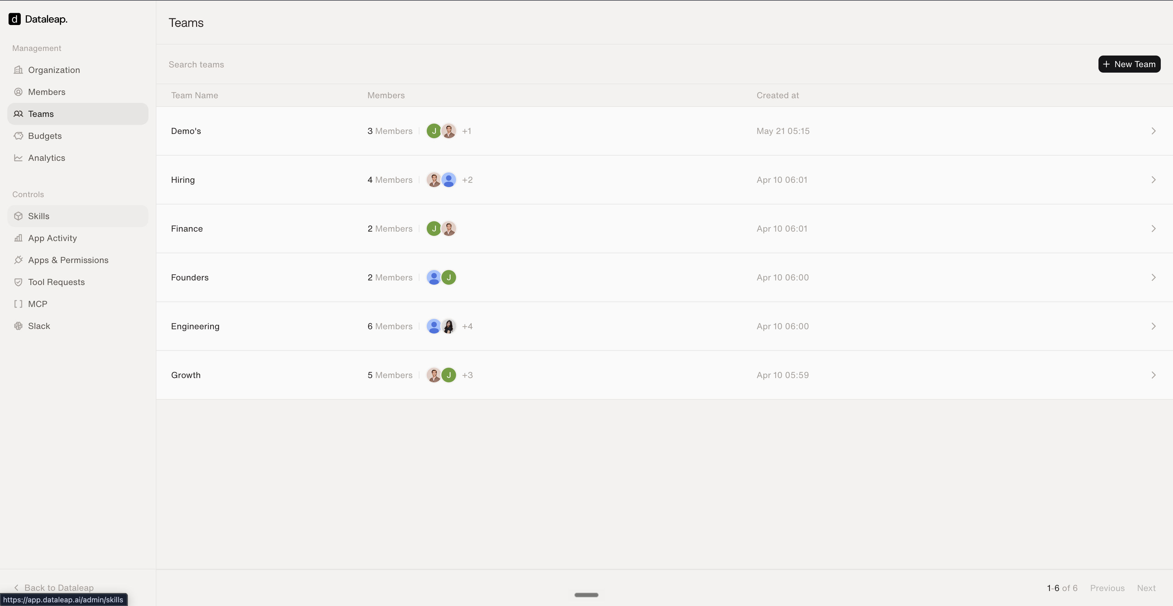 The Teams page of the admin panel listing teams with their members and creation dates