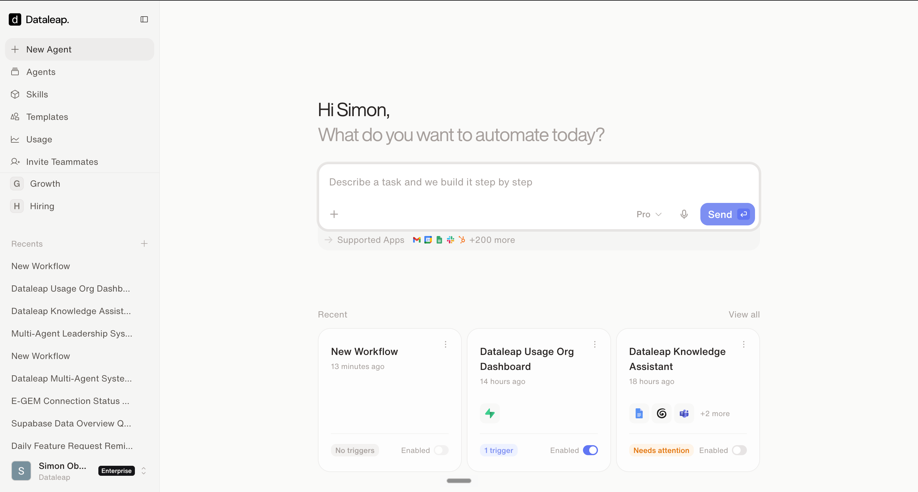 The Dataleap start screen with the prompt box in the center and the sidebar showing New Agent, Agents, Skills, Templates, Usage, and Teams