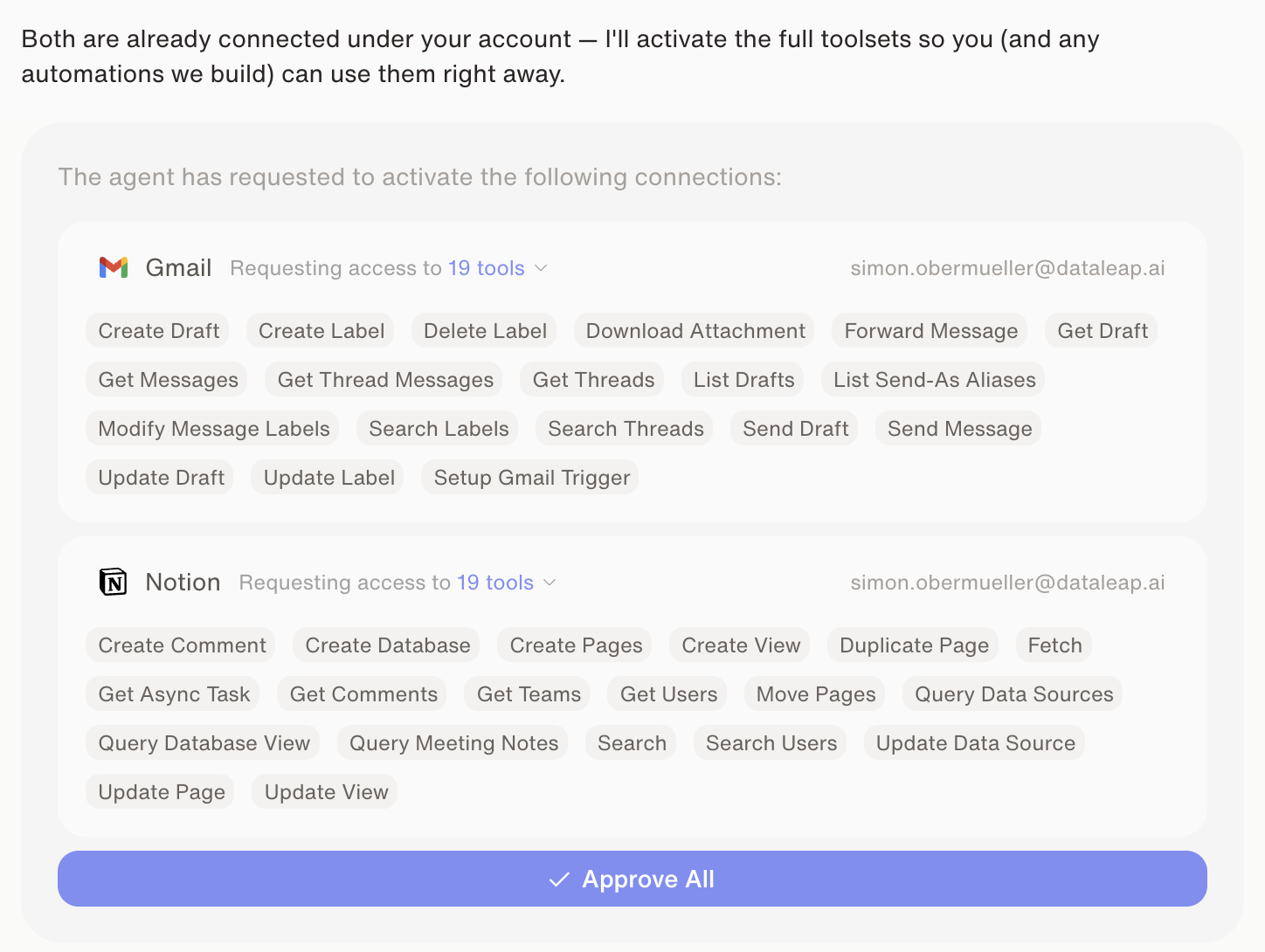 The agent requests to activate connections: Gmail and Notion, each listing the exact tools requested, with an Approve All button