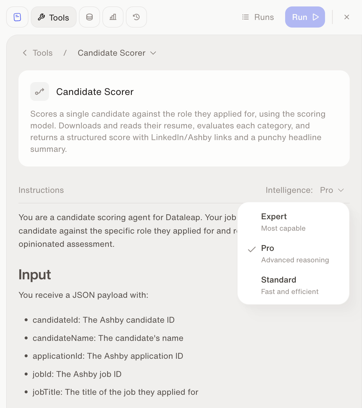 The Candidate Scorer sub-agent with its own Intelligence dropdown set to Pro