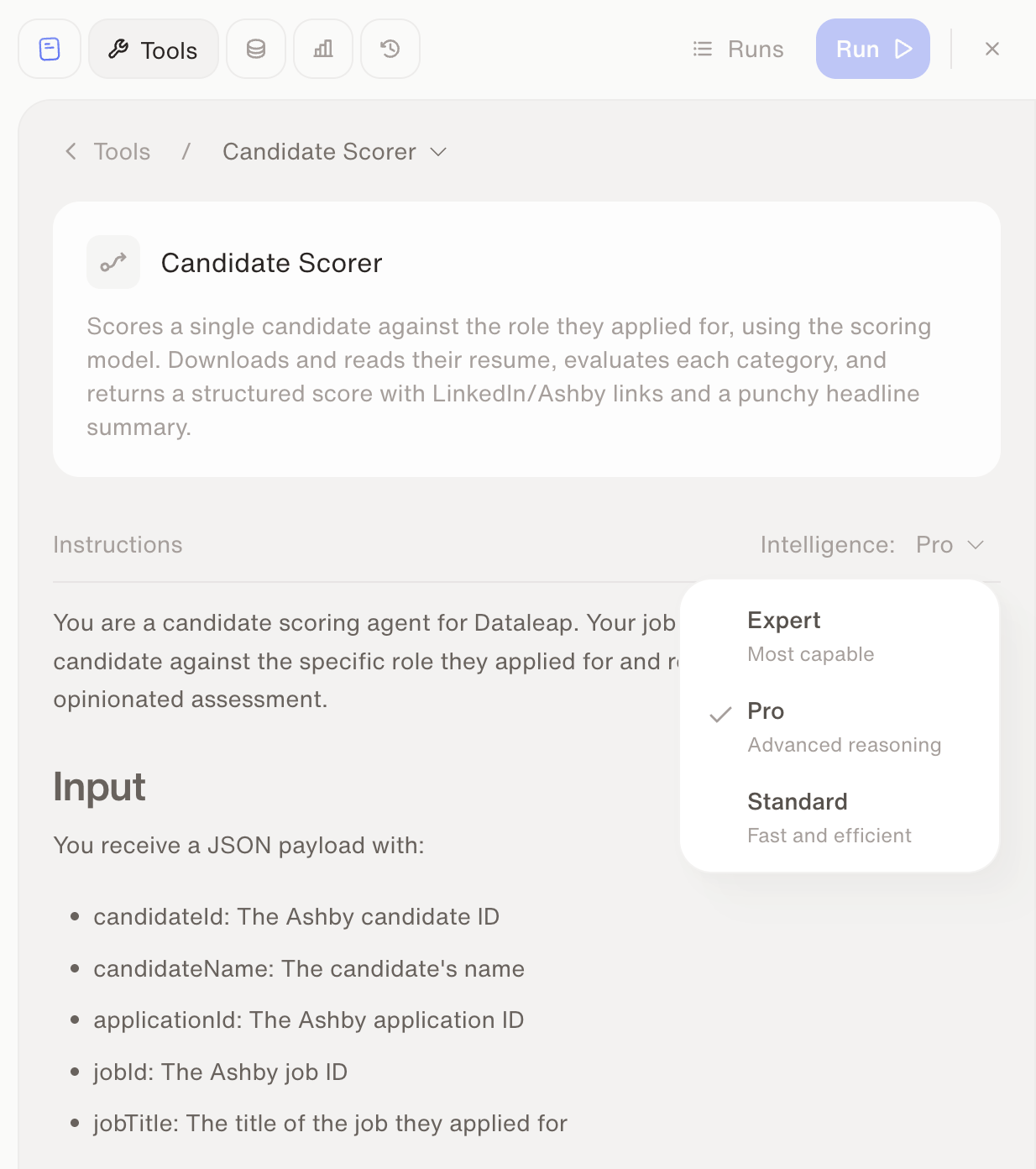 The Candidate Scorer sub-agent with its own Intelligence dropdown set to Pro