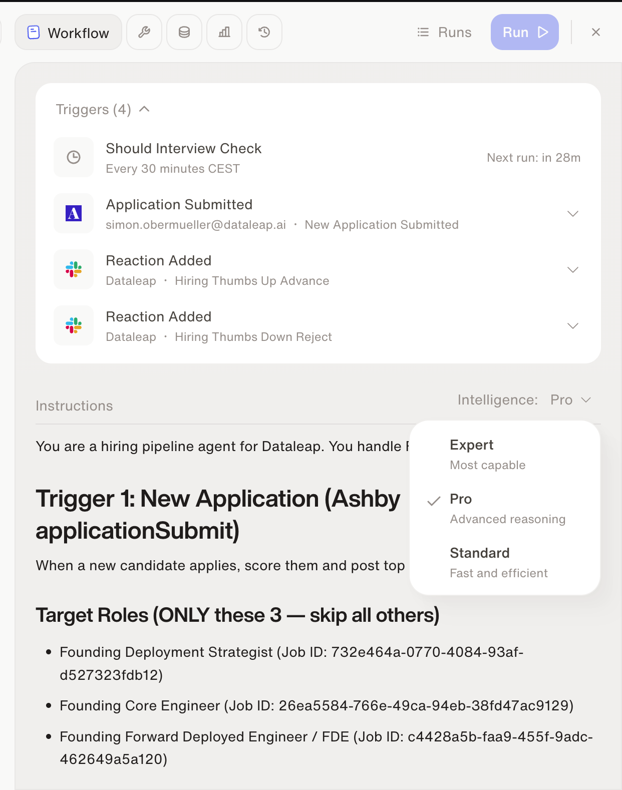 An agent's Workflow tab showing its triggers and the Intelligence dropdown set to Pro