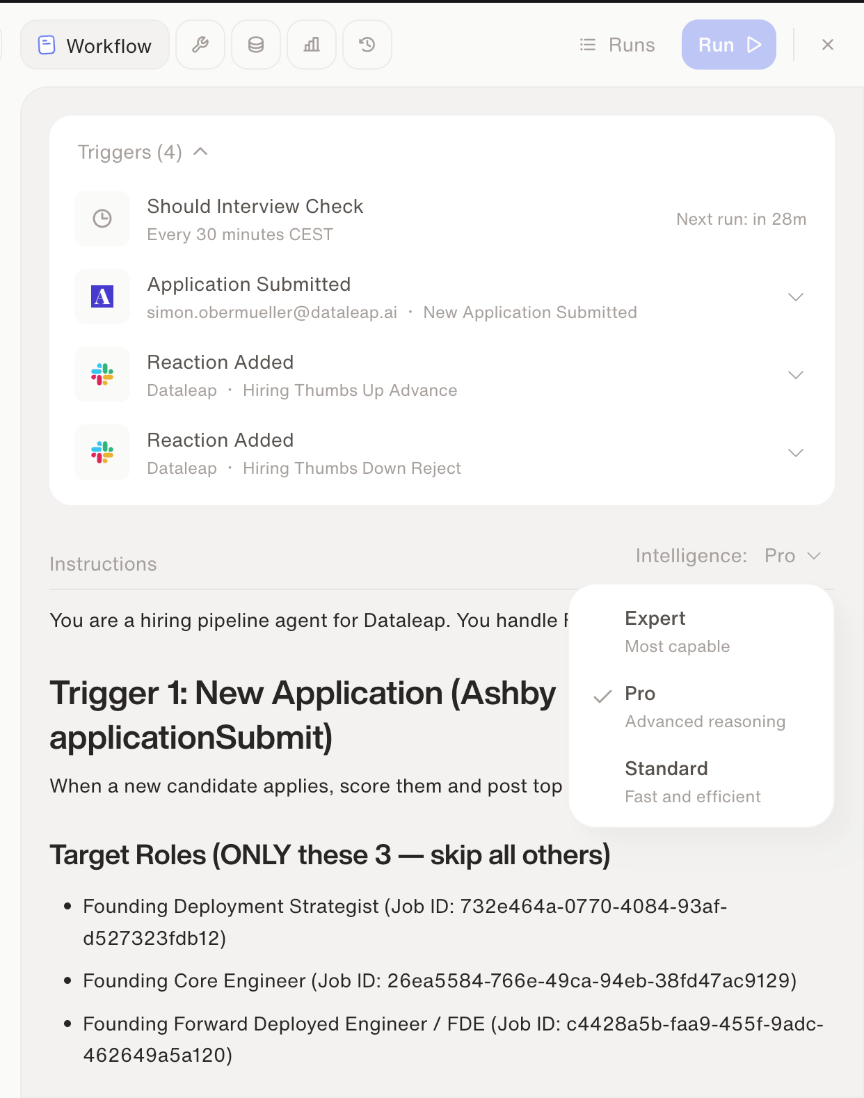 An agent's Workflow tab showing its triggers and the Intelligence dropdown set to Pro