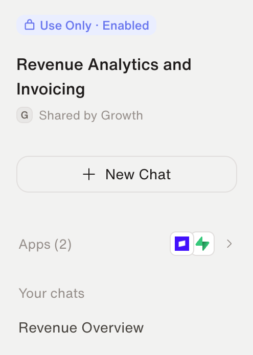 A recipient's view of a shared agent showing a Use Only, Enabled badge, Shared by Growth, a New Chat button, and their own chats