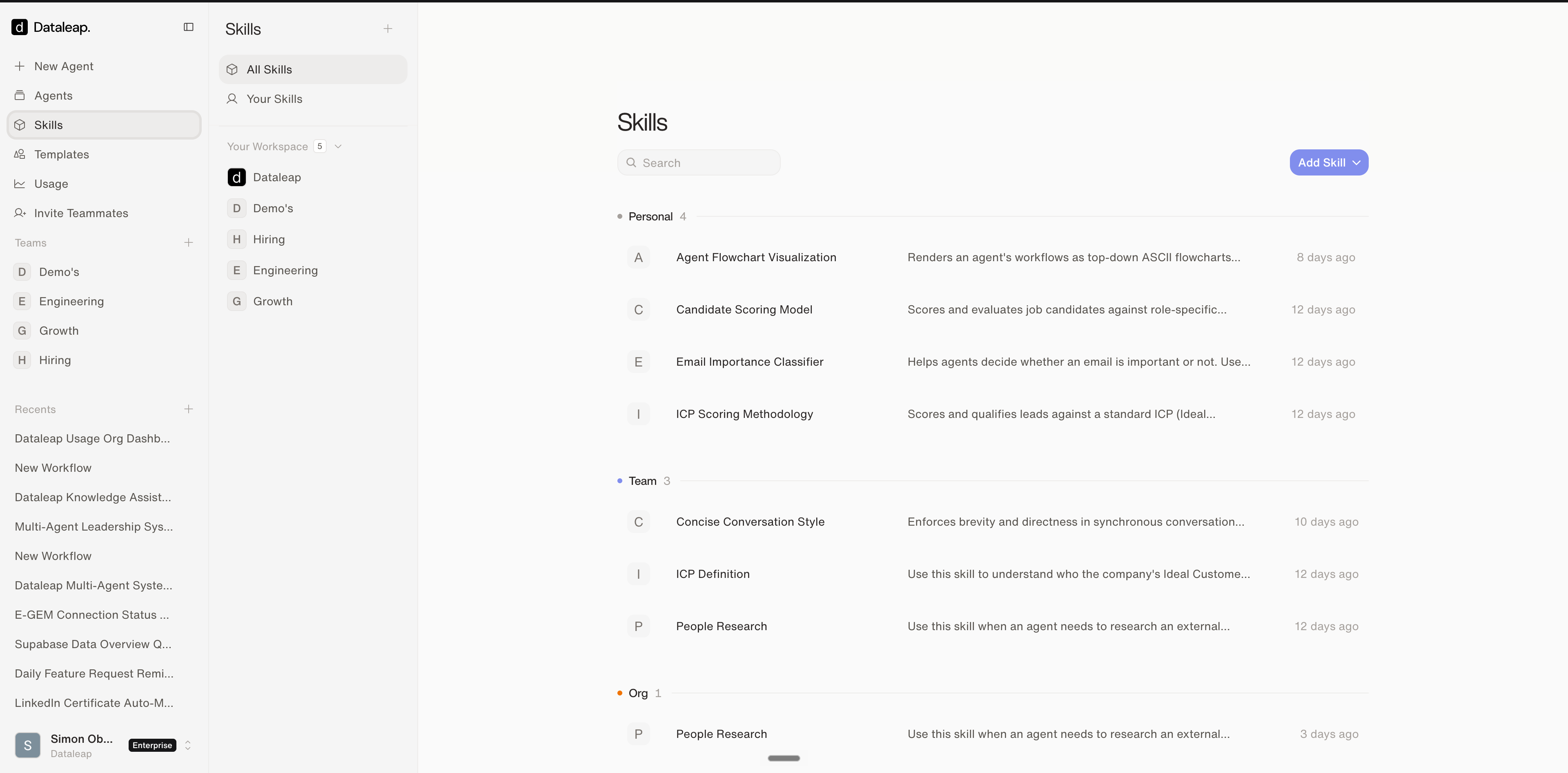 The Skills section listing skills grouped into Personal, Team, and Org, with an Add Skill button and workspace filters
