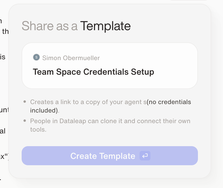 The Share popover on an agent offering Share as a Template with a Create Template button