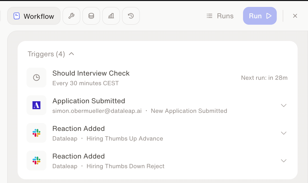 An agent's trigger list showing a 30-minute schedule, an Application Submitted event, and two Slack Reaction Added triggers for thumbs up and thumbs down