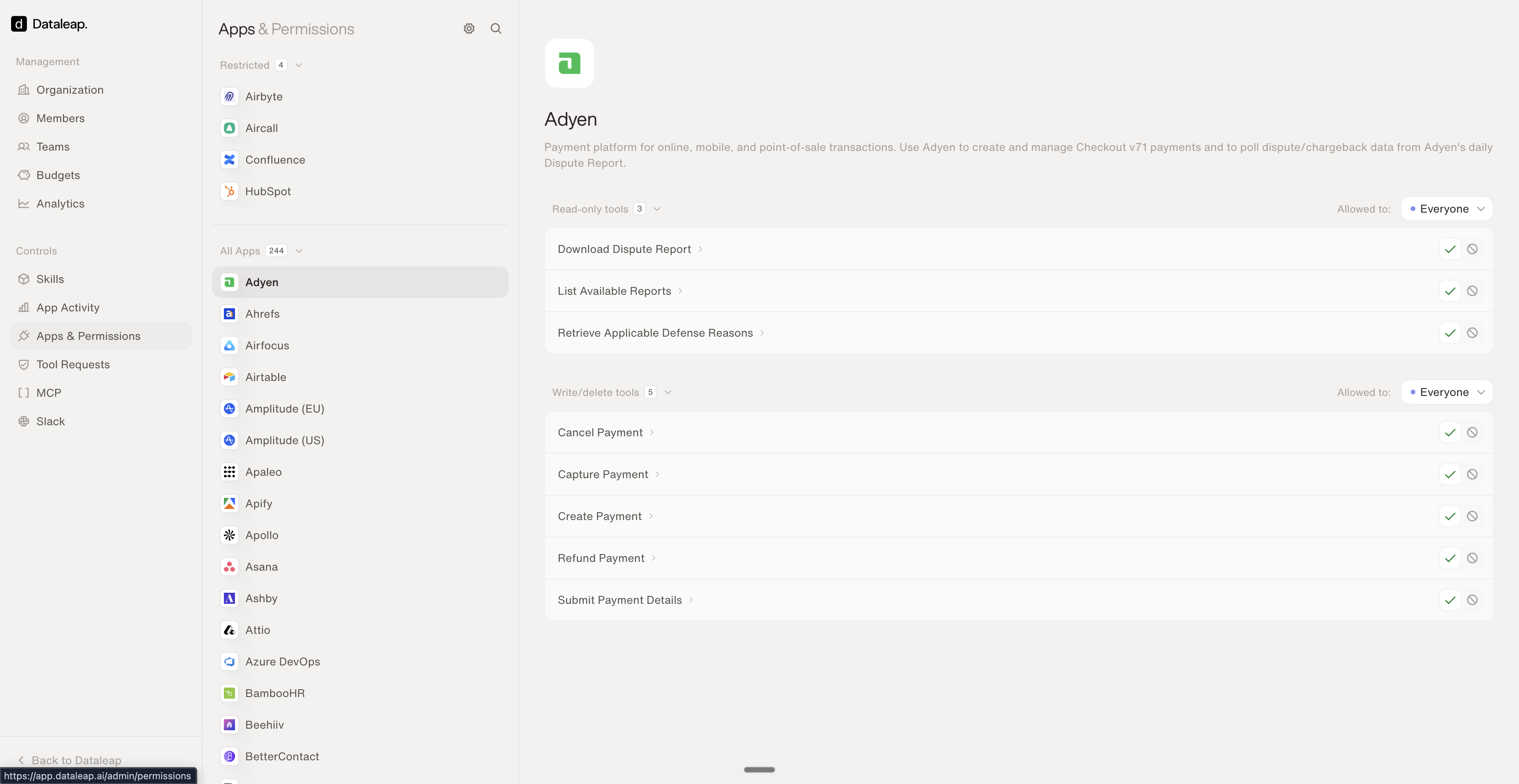 The Apps and Permissions page showing an app's read-only and write tools, each individually allowed or blocked, with a Restricted apps section