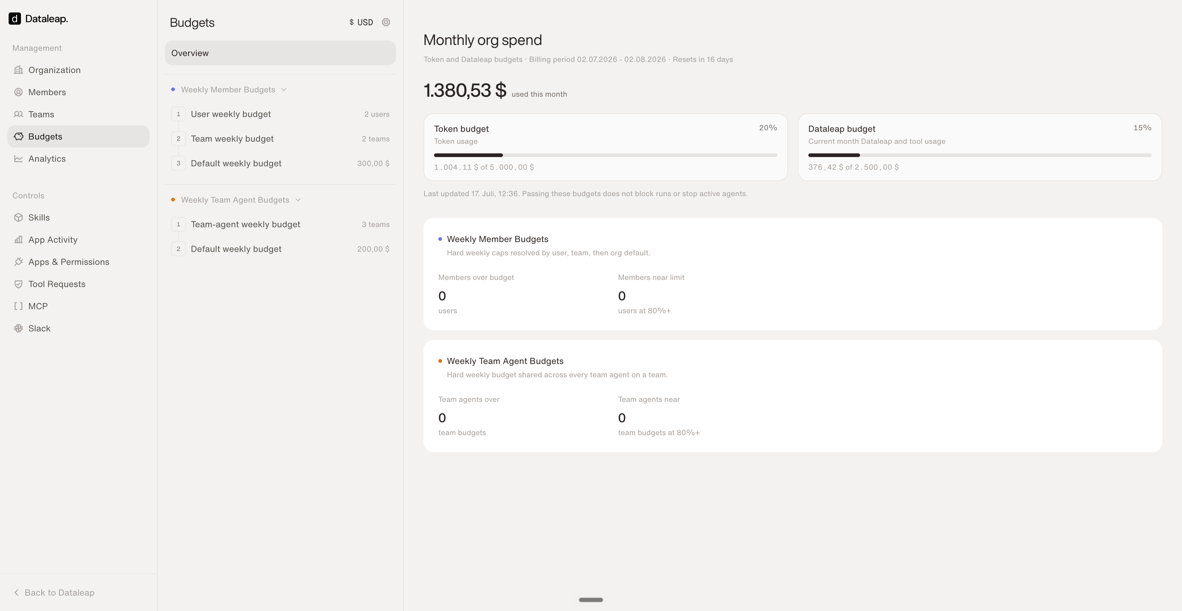 The Budgets page showing monthly org spend with token and Dataleap budgets, weekly member budgets resolved by user, team, then org default, and weekly team agent budgets