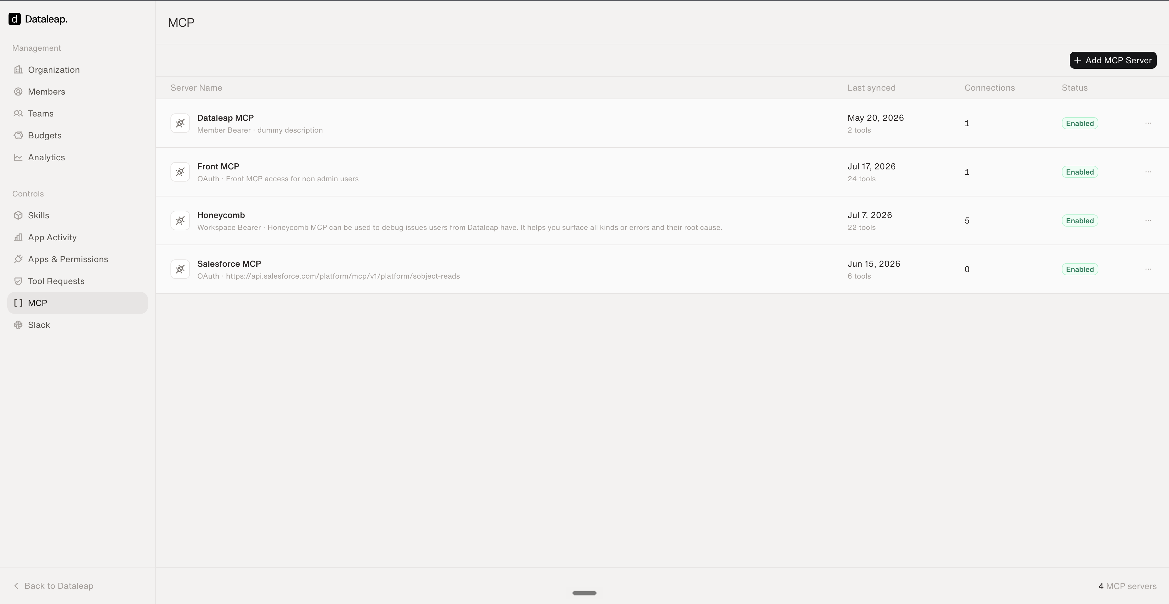 The MCP page listing custom MCP servers with their sync status, tool counts, connections, and enabled status
