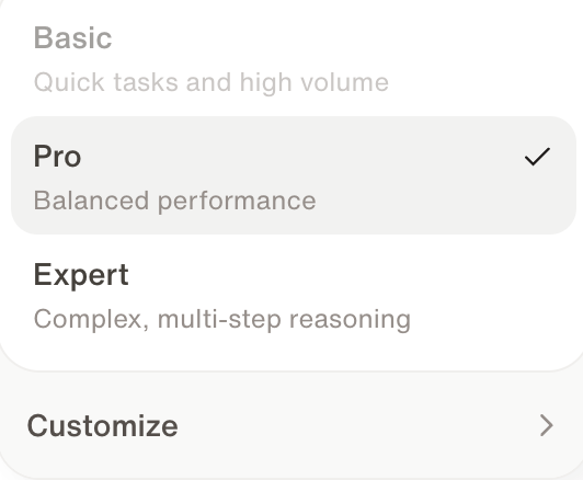 The member model selector showing Basic, Pro, Expert, and a Customize option
