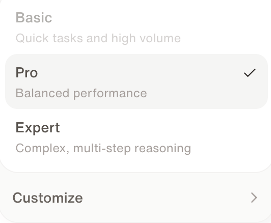 The member model selector showing Basic, Pro, Expert, and a Customize option