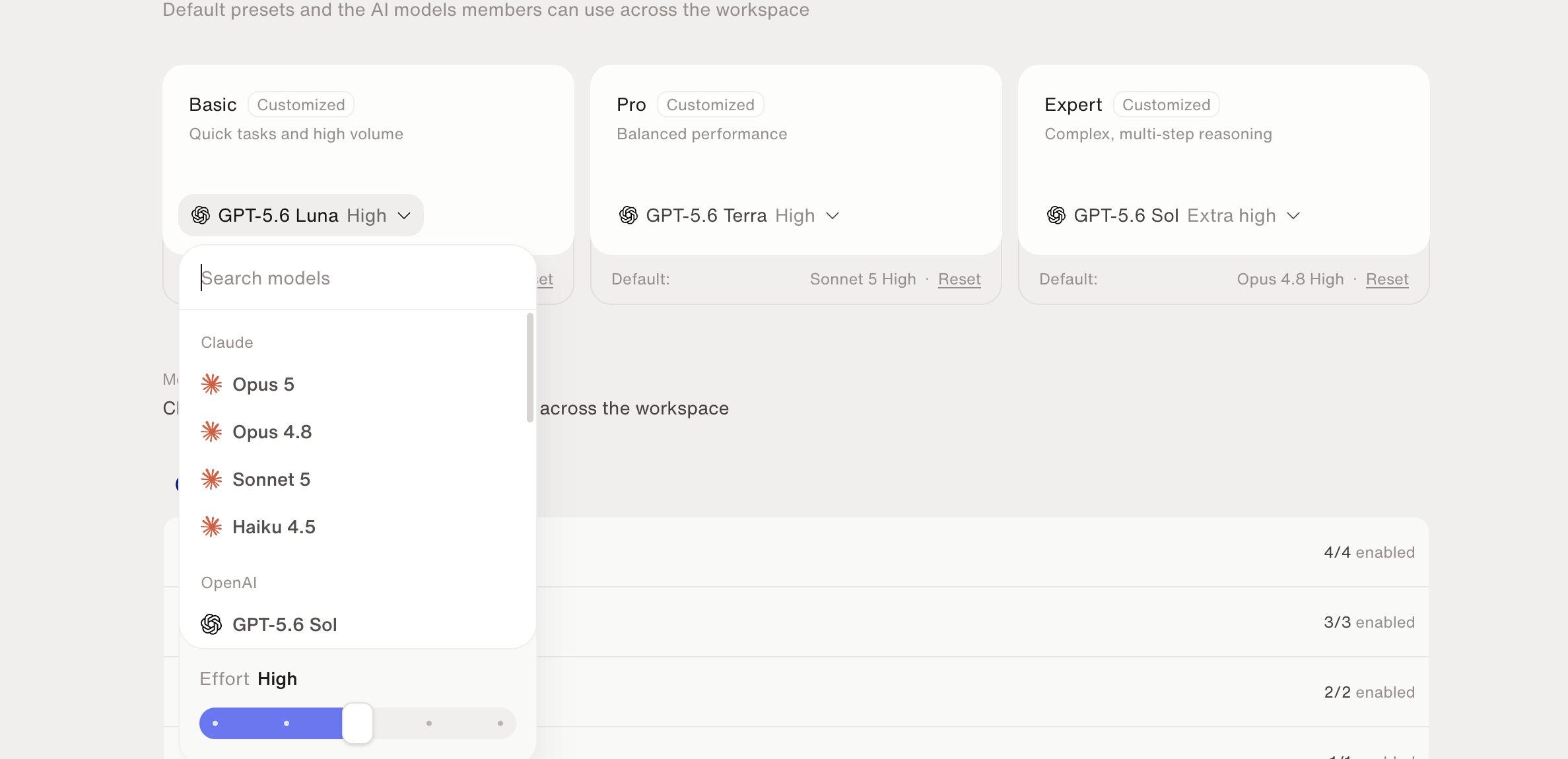 A preset's model picker open, listing available models by provider with a Reasoning Level slider