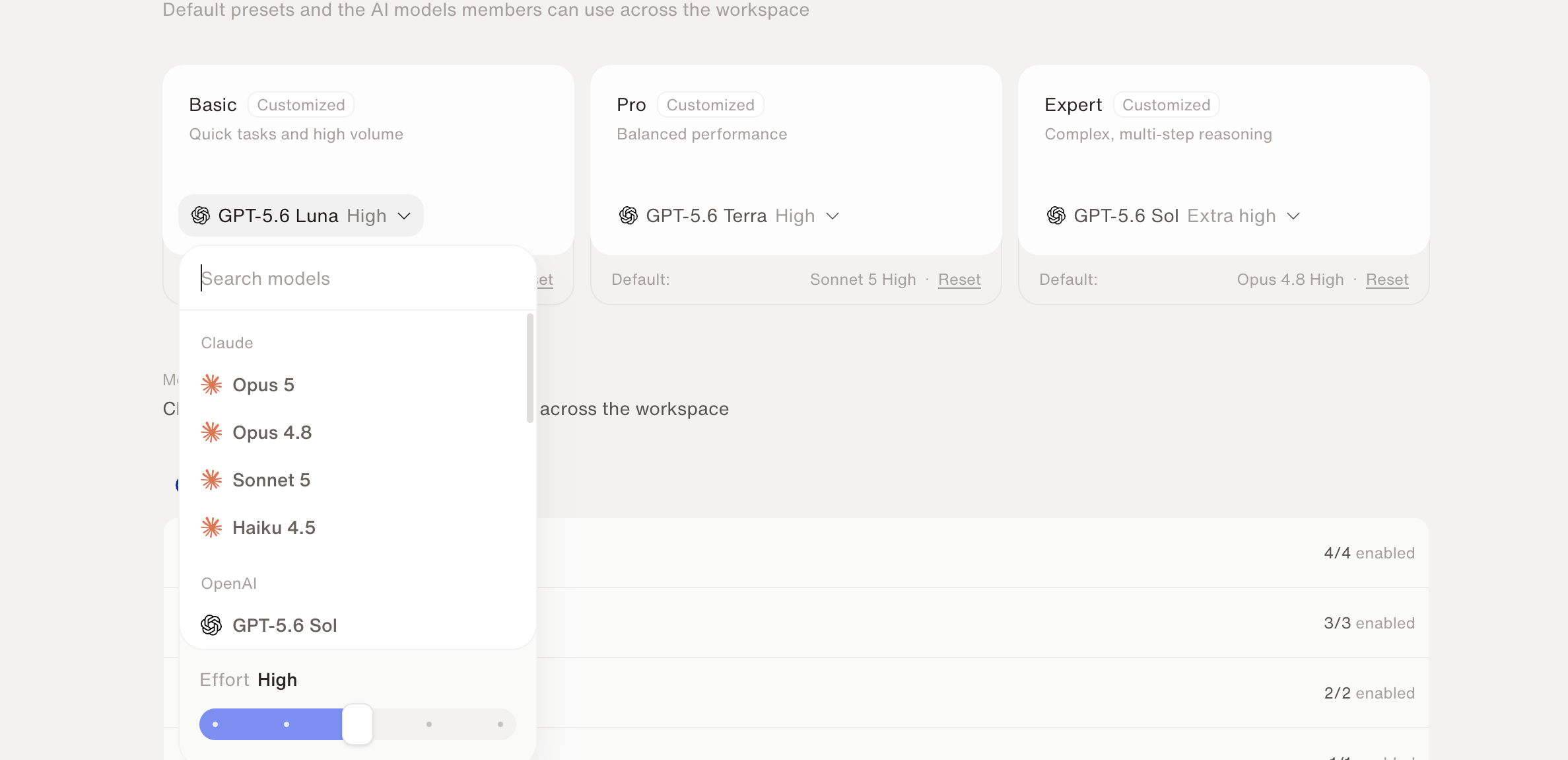 A preset's model picker open, listing available models by provider with a Reasoning Level slider