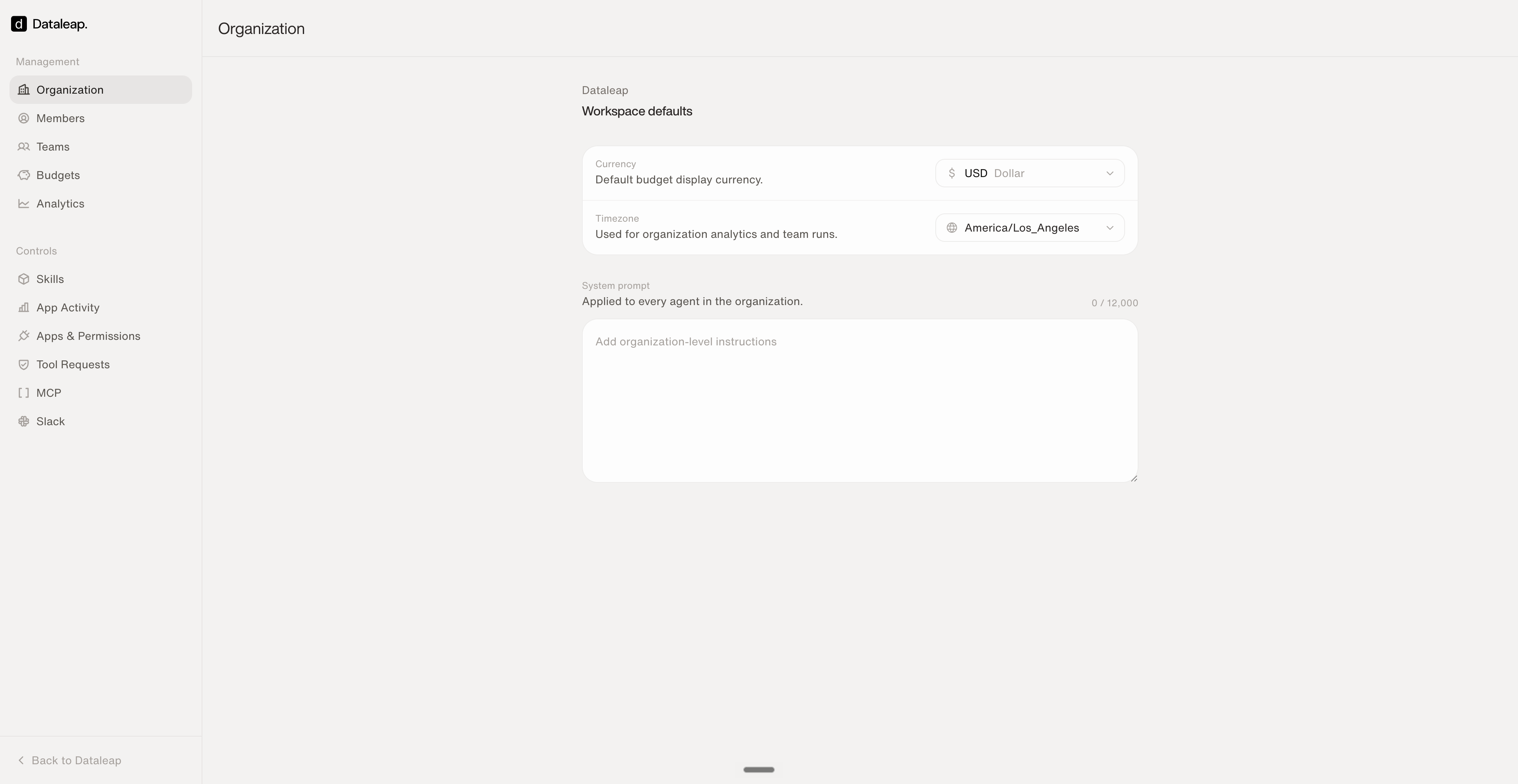 The Organization page with workspace defaults for currency and timezone, and a system prompt field applied to every agent