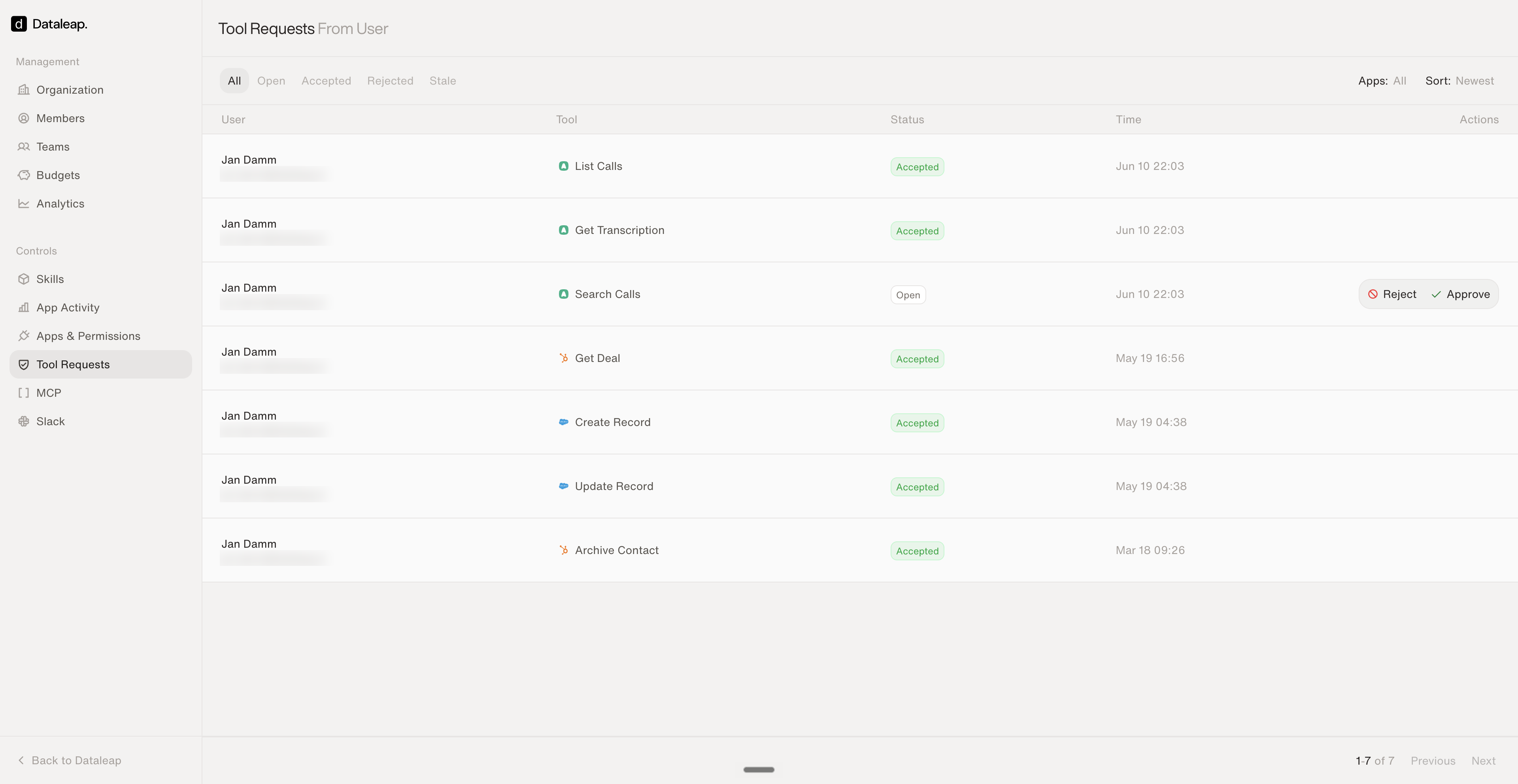 The Tool Requests page listing user requests for tools with accepted status badges and approve and reject buttons