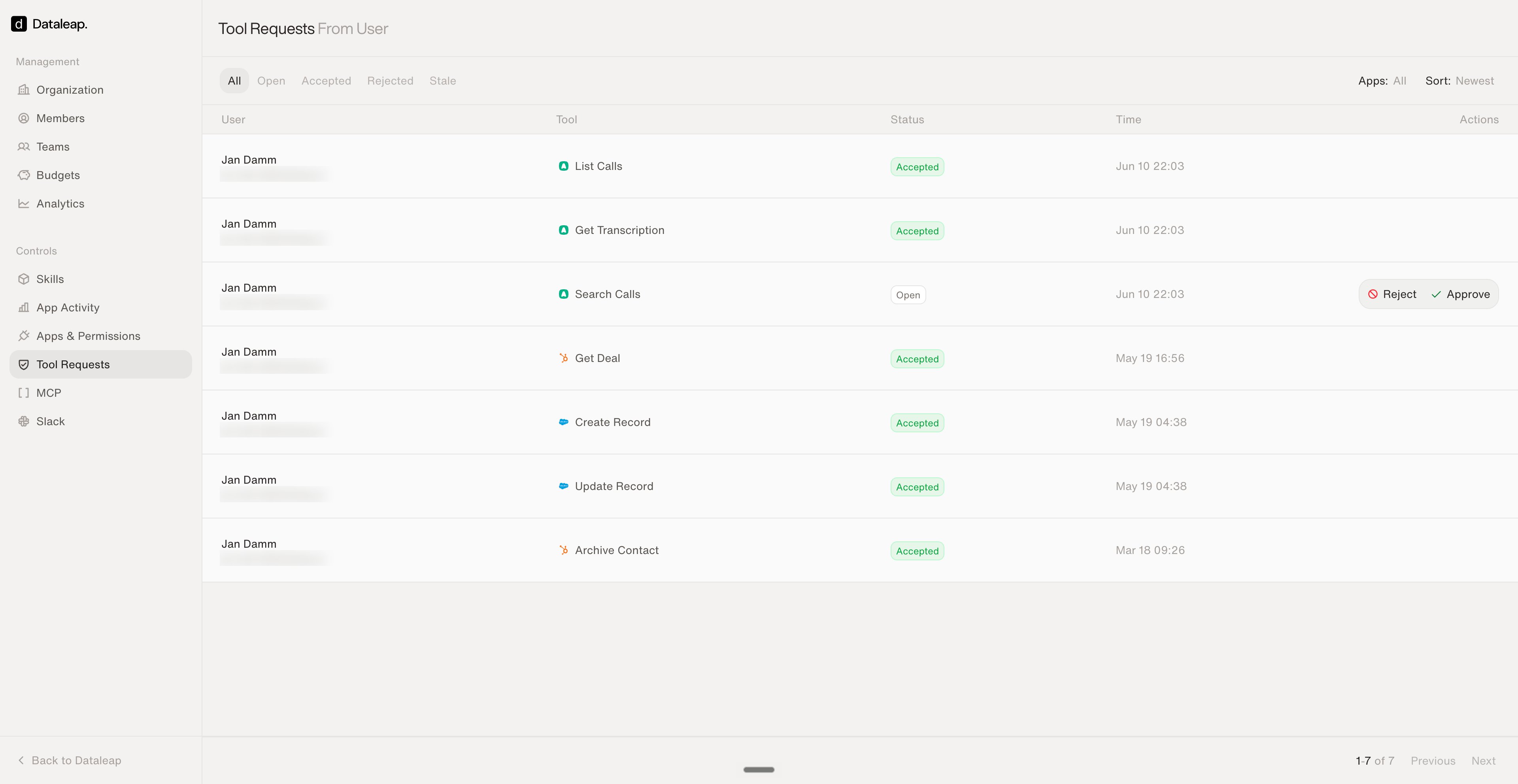 The Tool Requests page listing user requests for tools with accepted status badges and approve and reject buttons