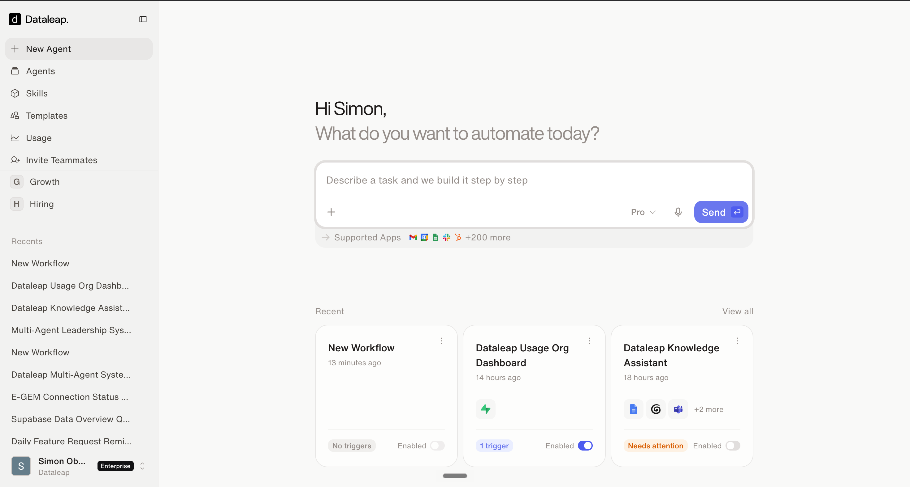 The Dataleap start screen with the prompt box in the center and the sidebar showing New Agent, Agents, Skills, Templates, Usage, and Teams