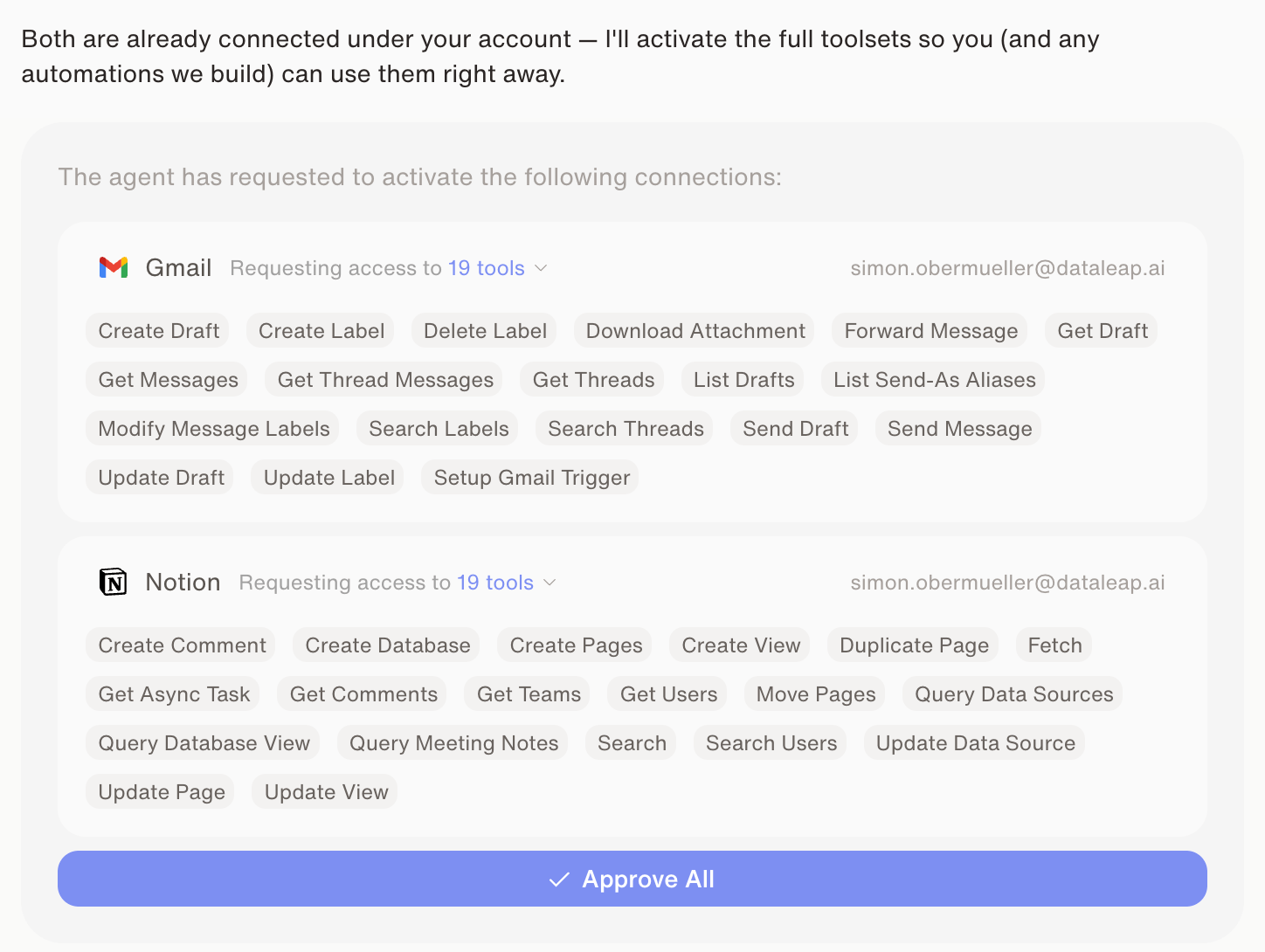 The agent requests to activate connections: Gmail and Notion, each listing the exact tools requested, with an Approve All button