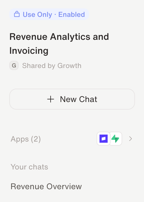 A recipient's view of a shared agent showing a Use Only, Enabled badge, Shared by Growth, a New Chat button, and their own chats