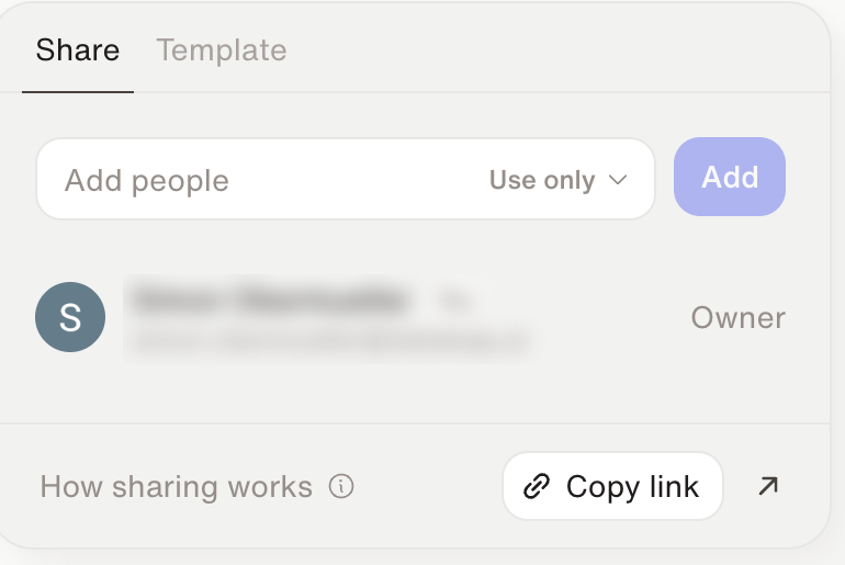 The Share popover with the role set to Use only, an Add people field, and a Copy link button