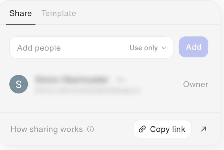 The Share popover with the role set to Use only, an Add people field, and a Copy link button