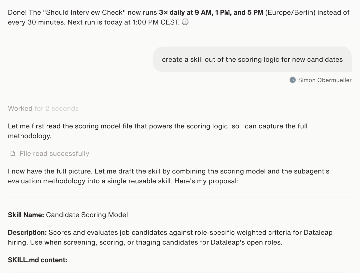A chat where the user asks to create a skill out of the scoring logic and Dataleap drafts the Candidate Scoring Model skill