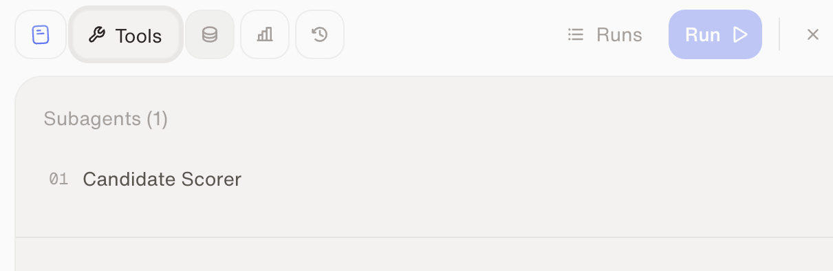 The Tools tab of an agent showing one sub-agent, the Candidate Scorer