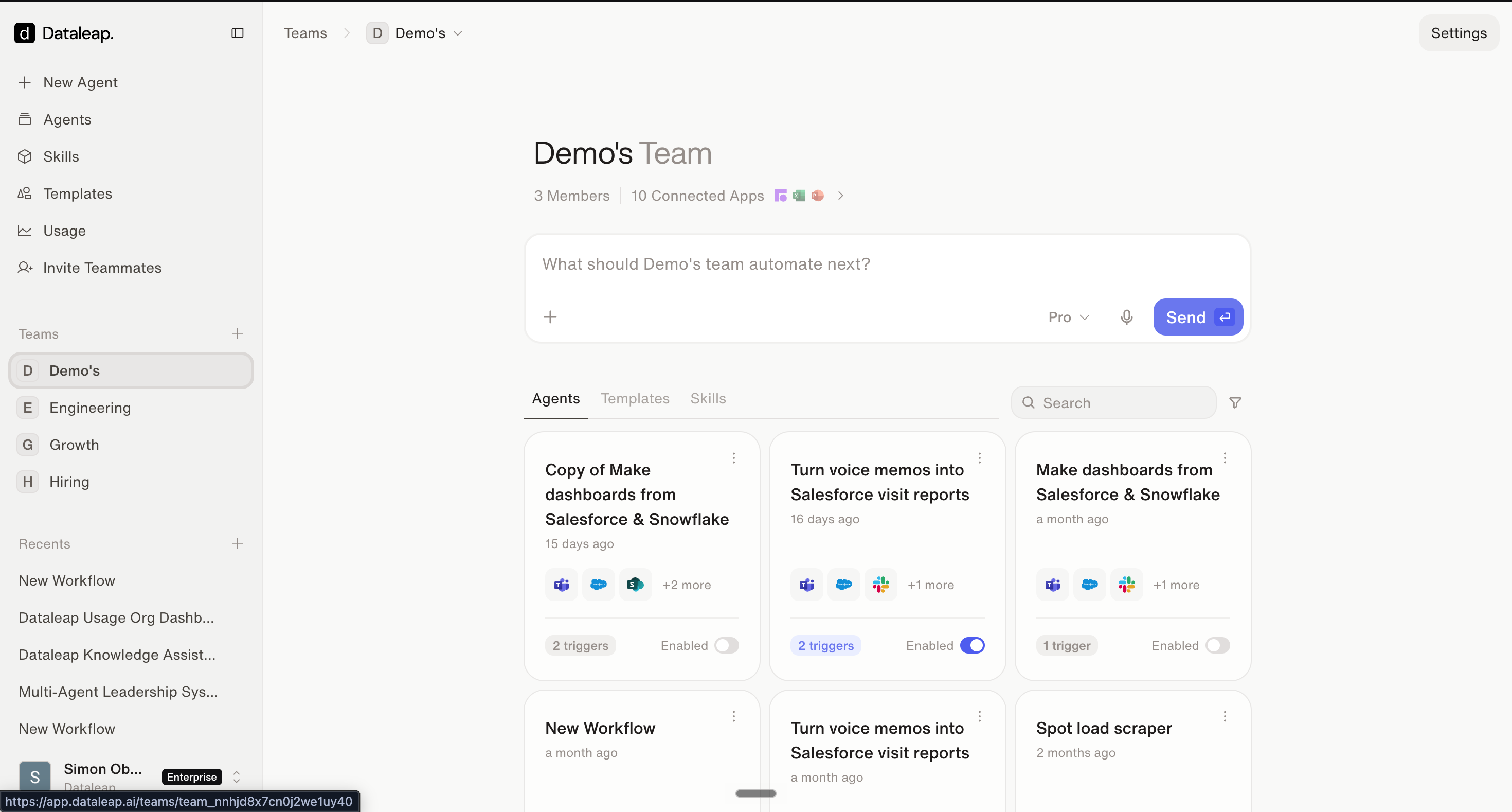 A Dataleap team space showing members, connected apps, a prompt box, and tabs for Agents, Templates, and Skills with team agents below