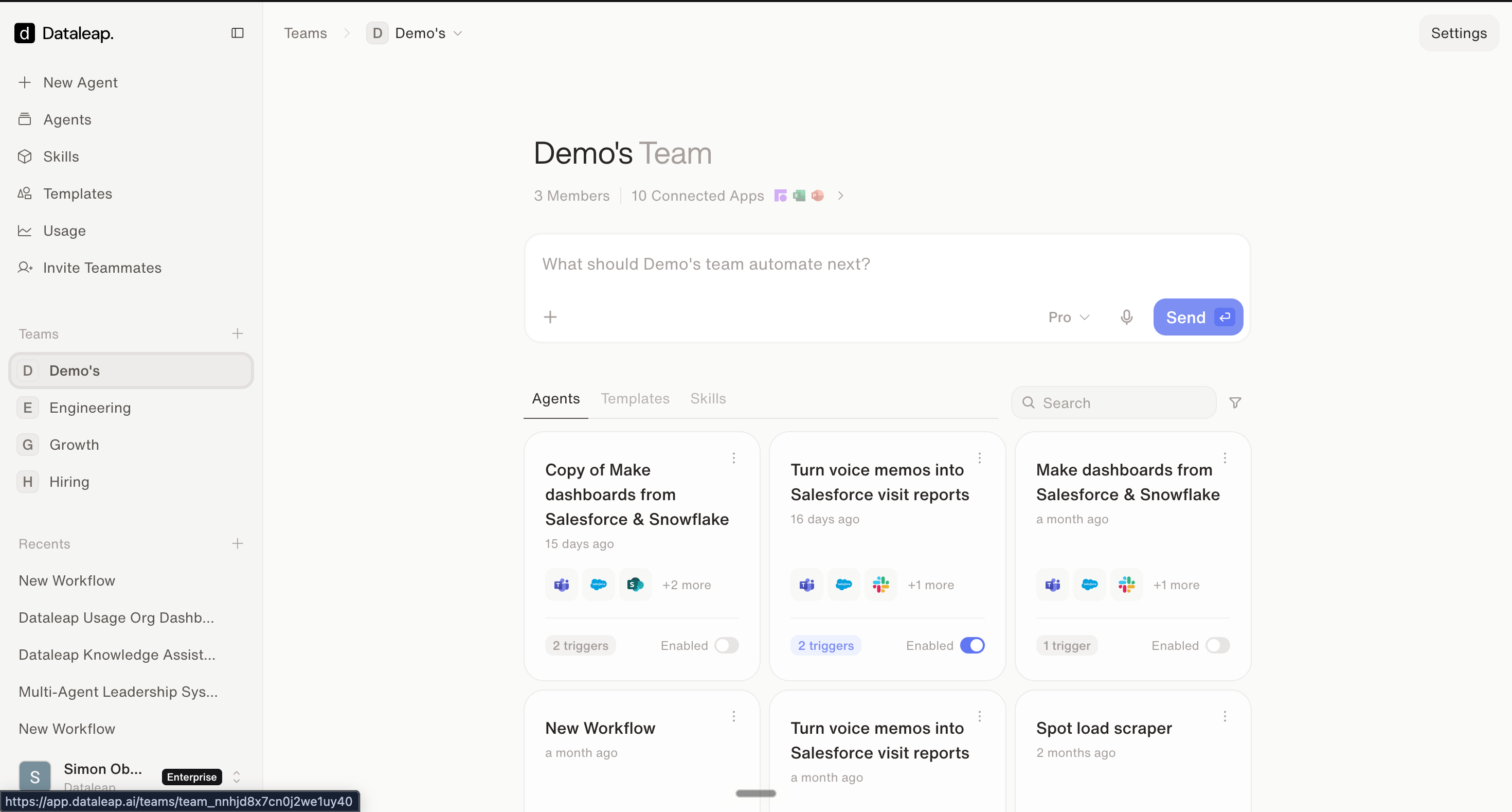 A Dataleap team space showing members, connected apps, a prompt box, and tabs for Agents, Templates, and Skills with team agents below