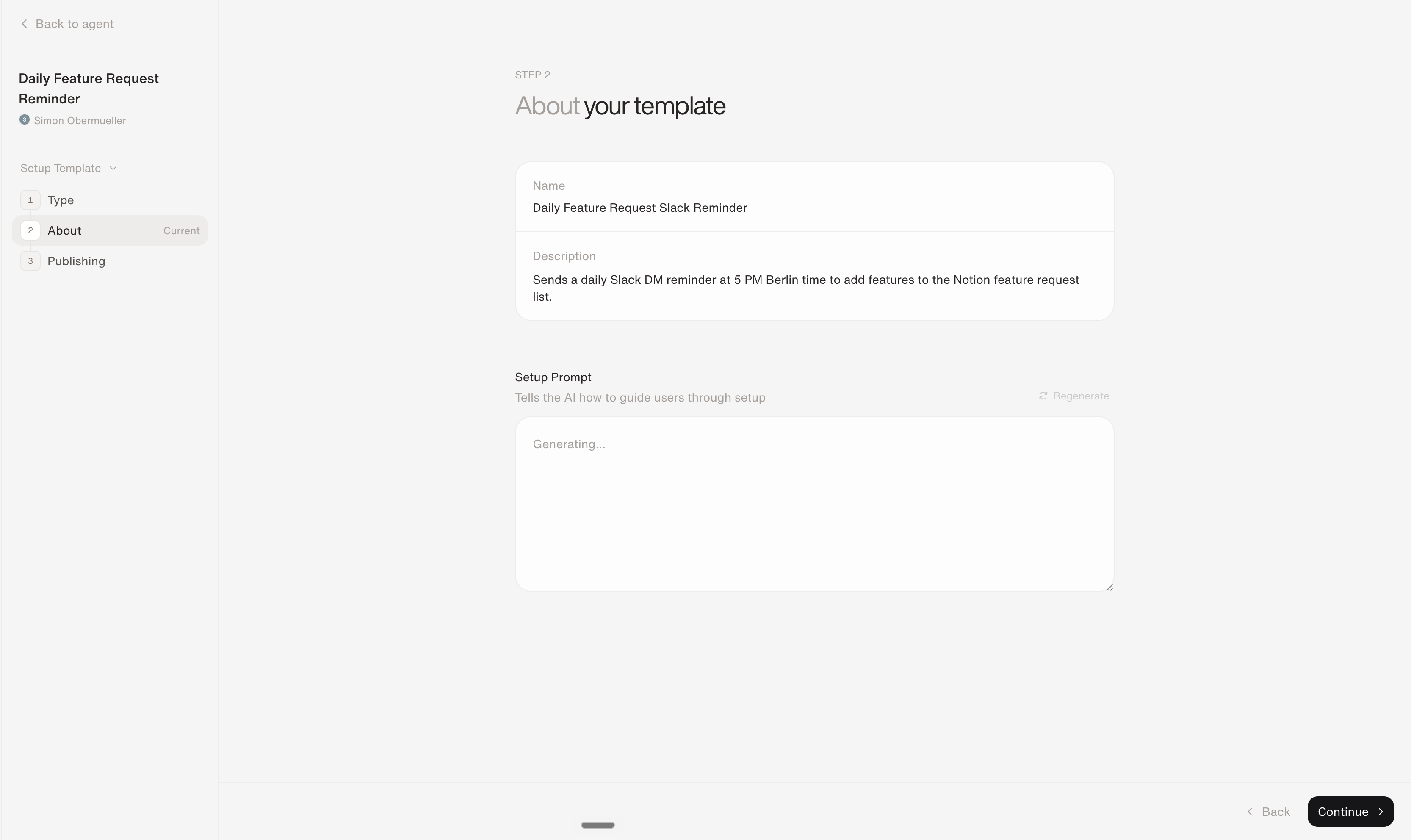 The template wizard's about step with name, description, and a setup prompt being generated