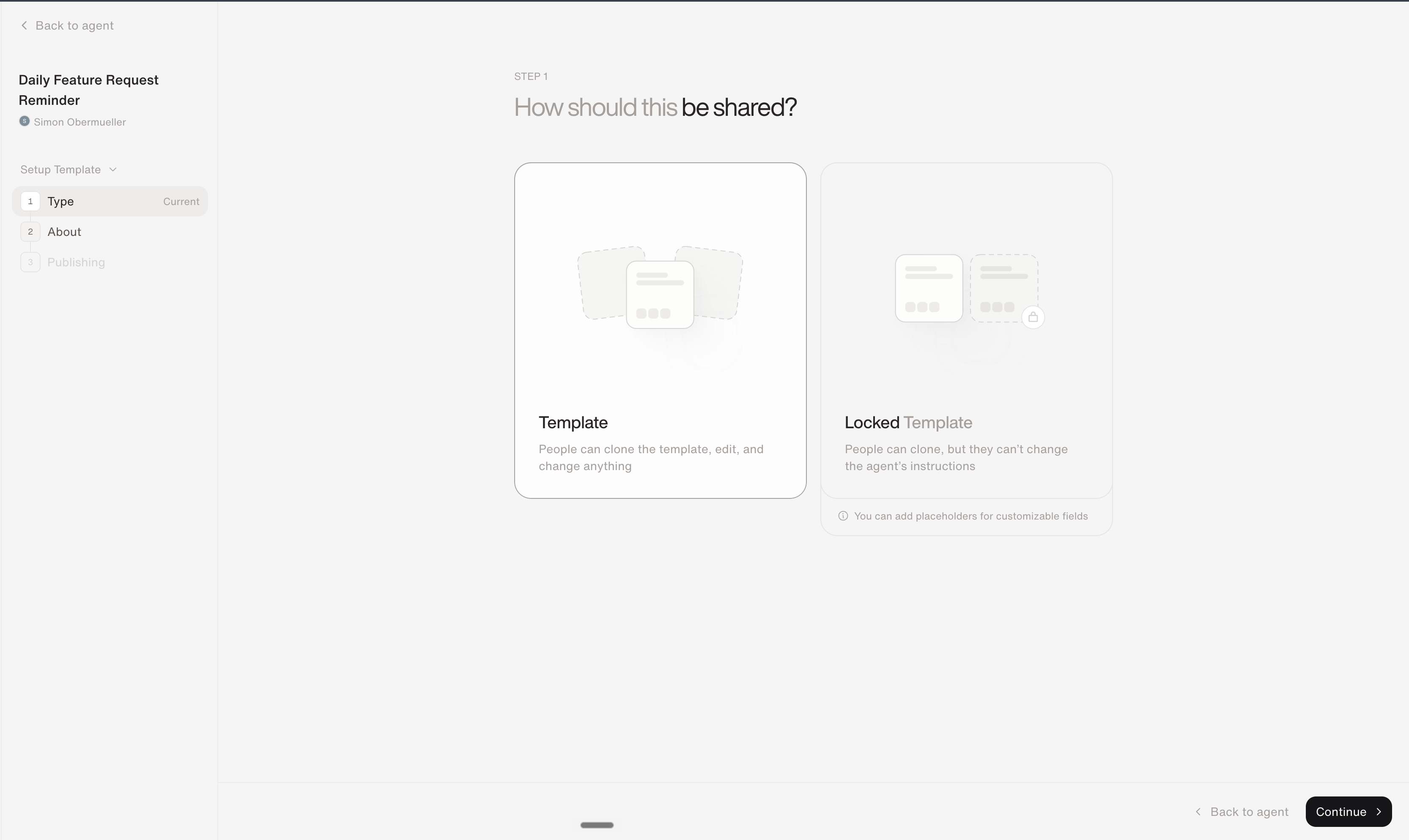 The template wizard's type step asking how this should be shared, with Template and Locked Template options