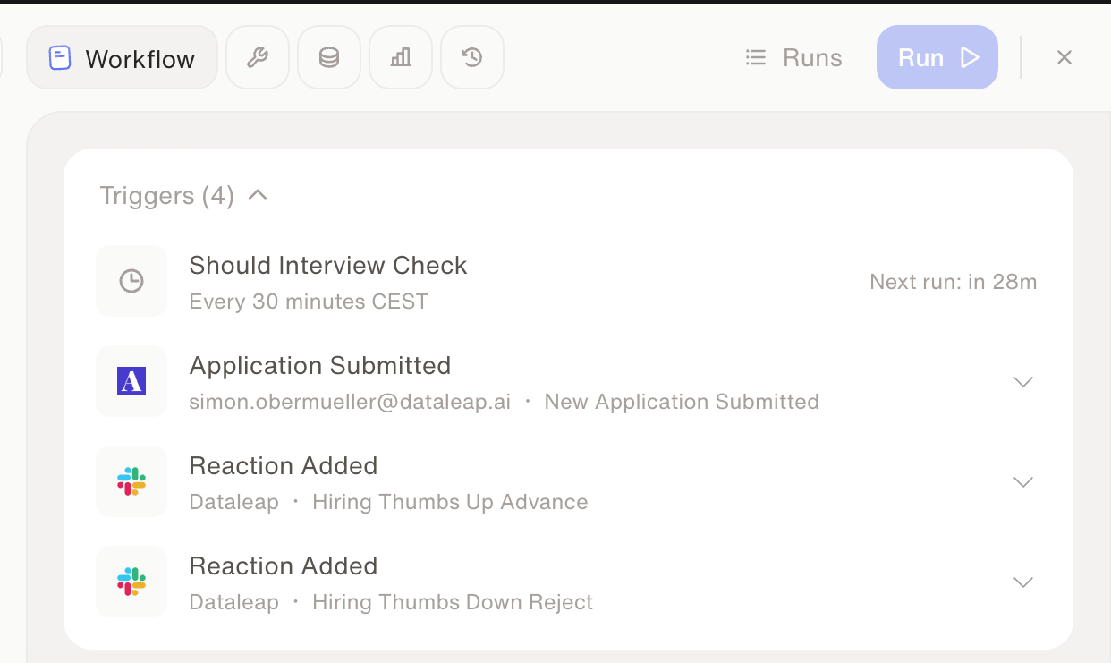 An agent's trigger list showing a 30-minute schedule, an Application Submitted event, and two Slack Reaction Added triggers for thumbs up and thumbs down