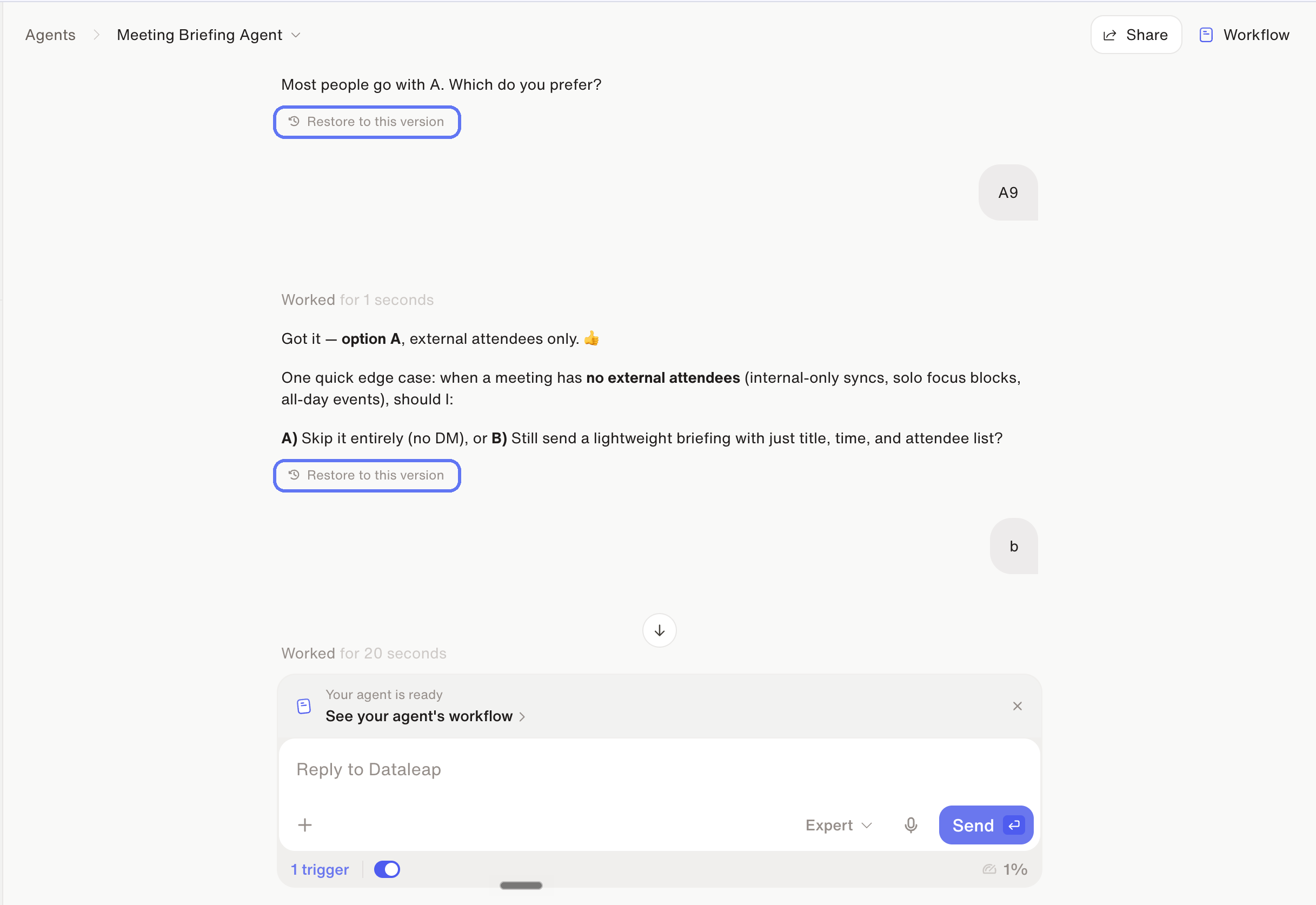 The agent chat with Restore to this version links under each message